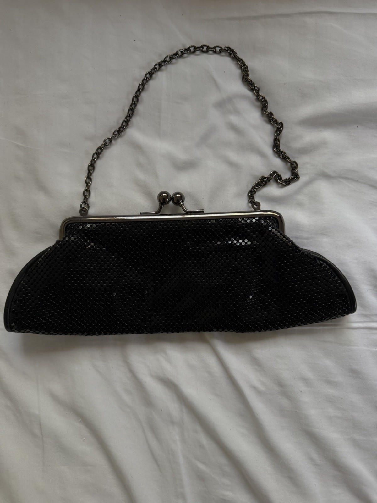 Whiting & Davis Black Mesh Clutch Purse Kiss Lock Chain Strap Lined