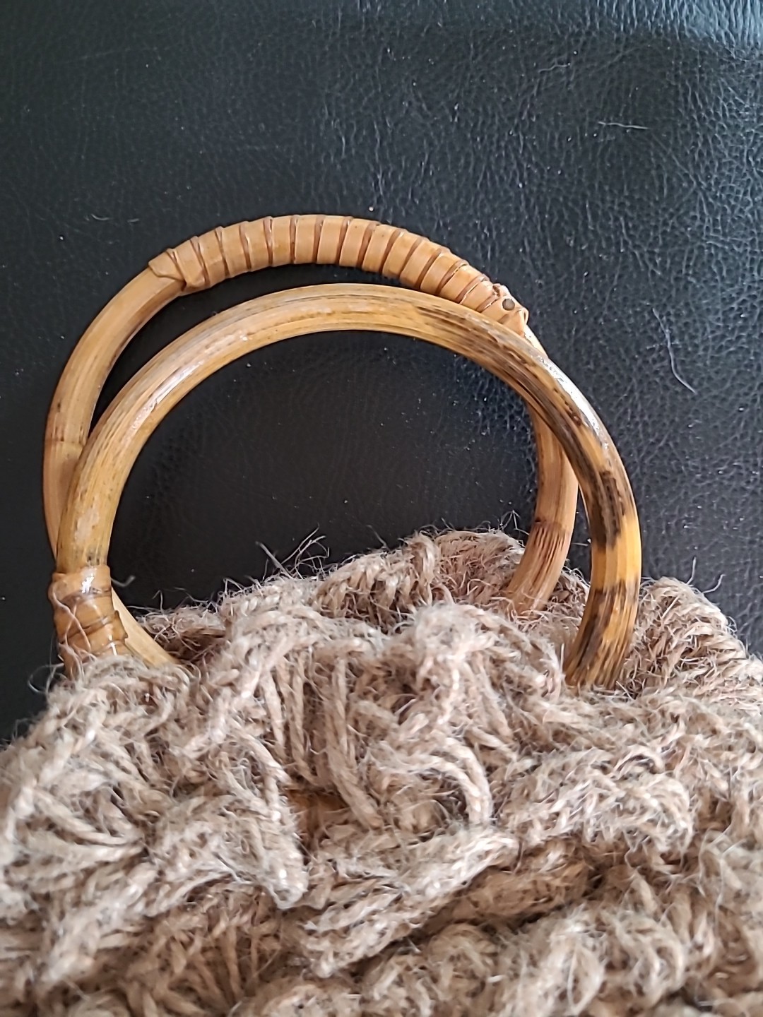 Handmade Jute Purse 8in Round Crochet Rose Wristlet Bamboo Handles Zippered