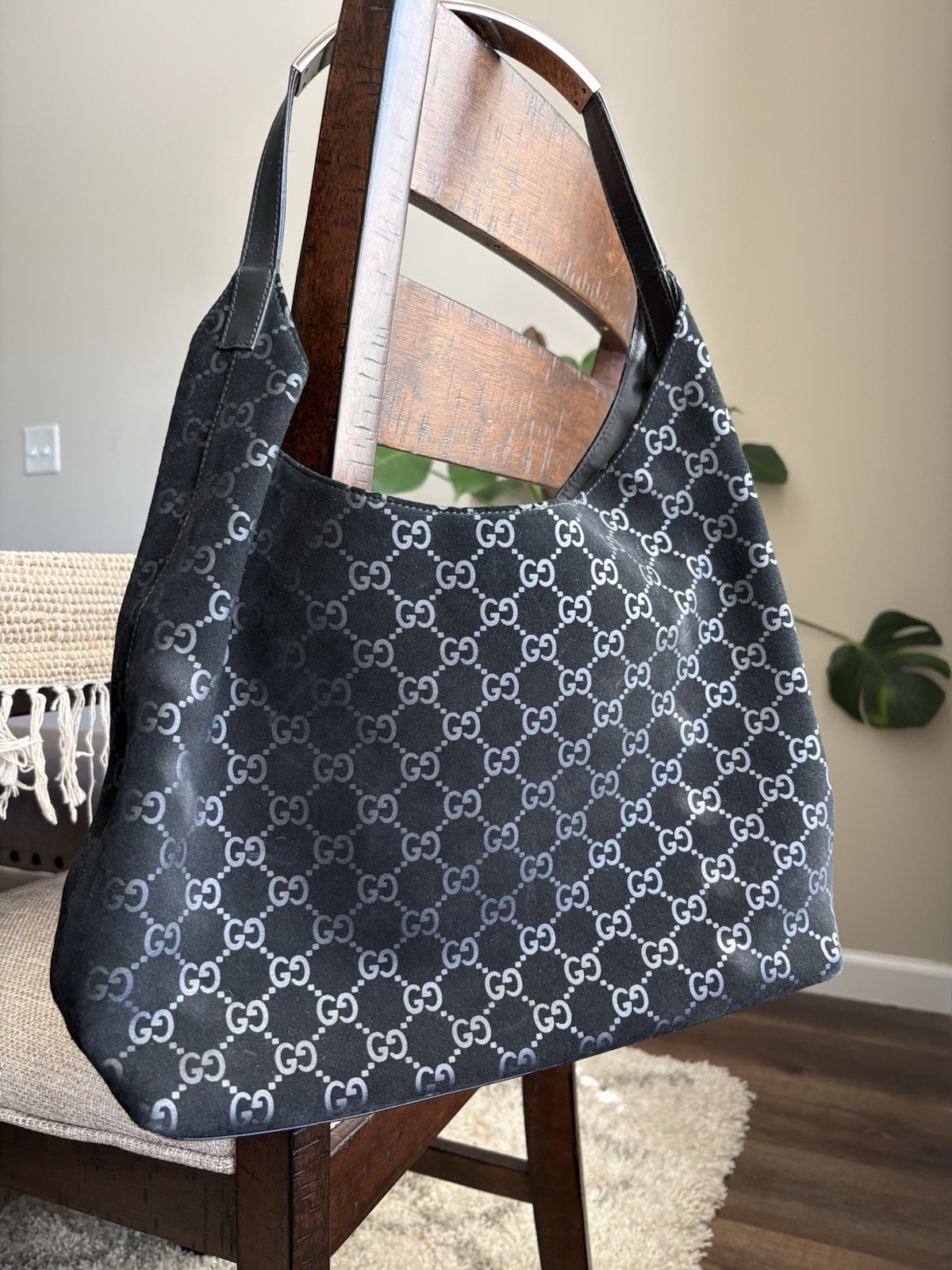 90sVintage Gucci by Tom Ford GG Black Suede Hobo Shoulder Bag With Silver Handle
