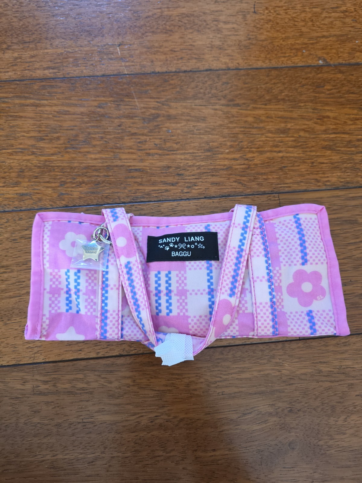 BAGGU Sandy Liang Small Pink Floral Plaid Satchel Zip Top Handle Strap