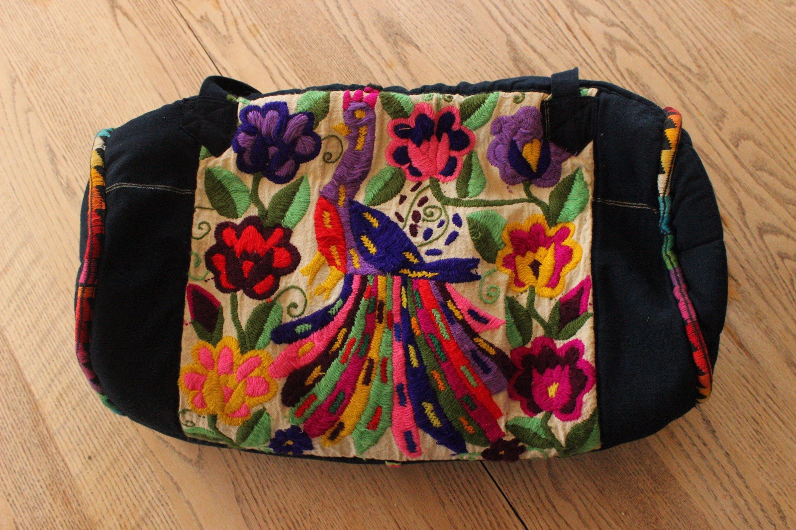 VTG Embroidered Floral Bird peacock Duffel Bag Guatemalan/Mexican, Boho vacation