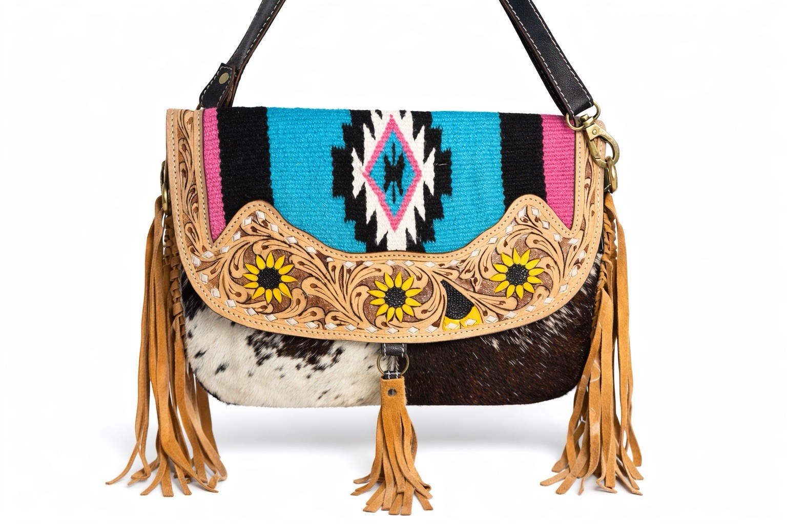 Cowhide Tooled Leather Fringe Western Aztec Crossbody Purse Sunflower