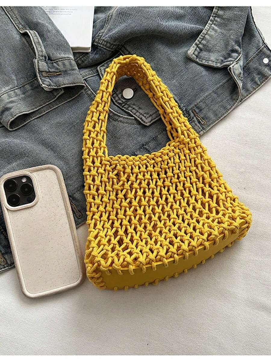 Crochet Knit Tote Bag Women Mesh Woven Straw Beach Holiday Handbag Casual