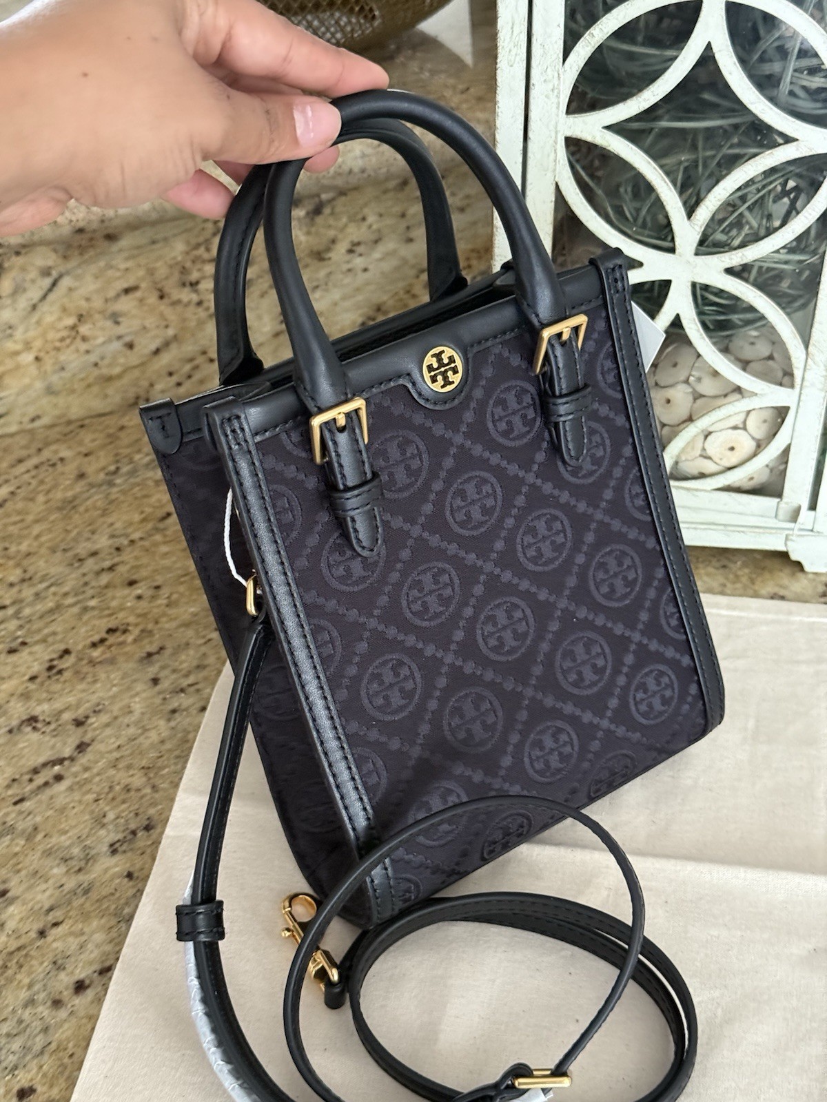 Tory Burch T Monogram Black Mini Shopper Tote Crossbody Purse Bag 152133