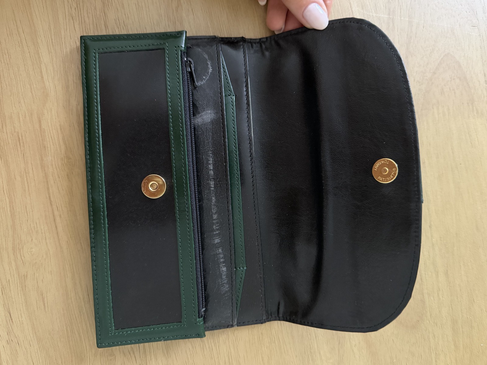 Givenchy Pocket Black Leather Wallet Clutch Green Trim Gold 4G Logo