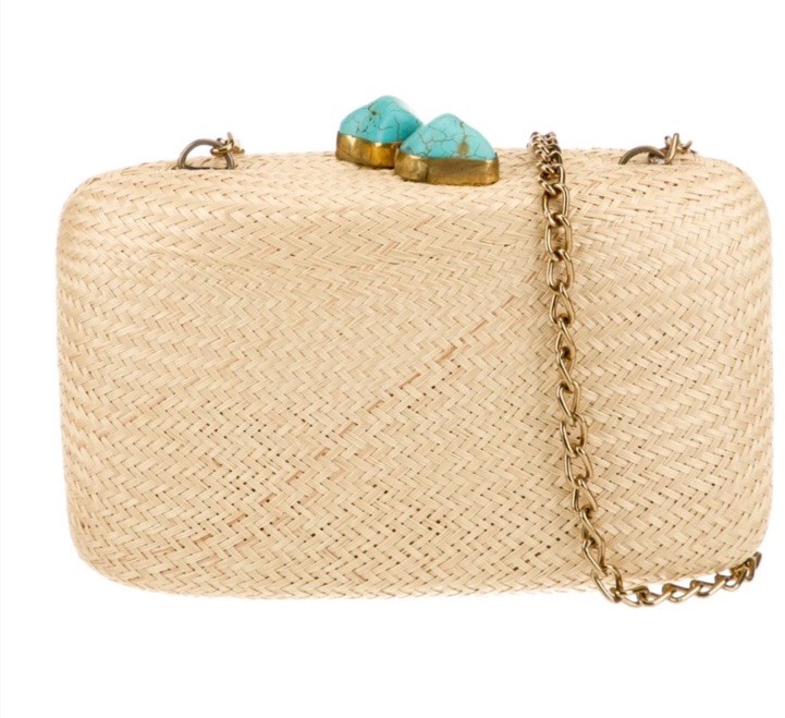 Kayu “Jen” straw clutch featured in a toast color with a turquoise stone closure