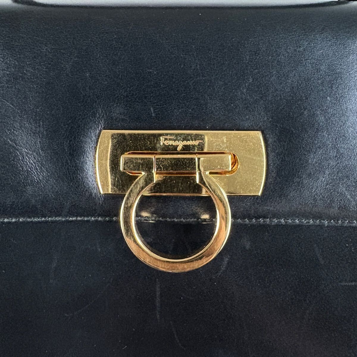 Salvatore Ferragamo Gancini Black Leather 2Way Shoulder Bag Top Handle Formal