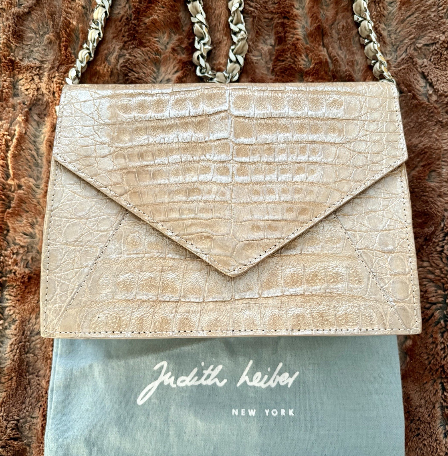Judith Leiber COUTURE Caiman Croc Chain Handbag Beige Metallic Bag Purse