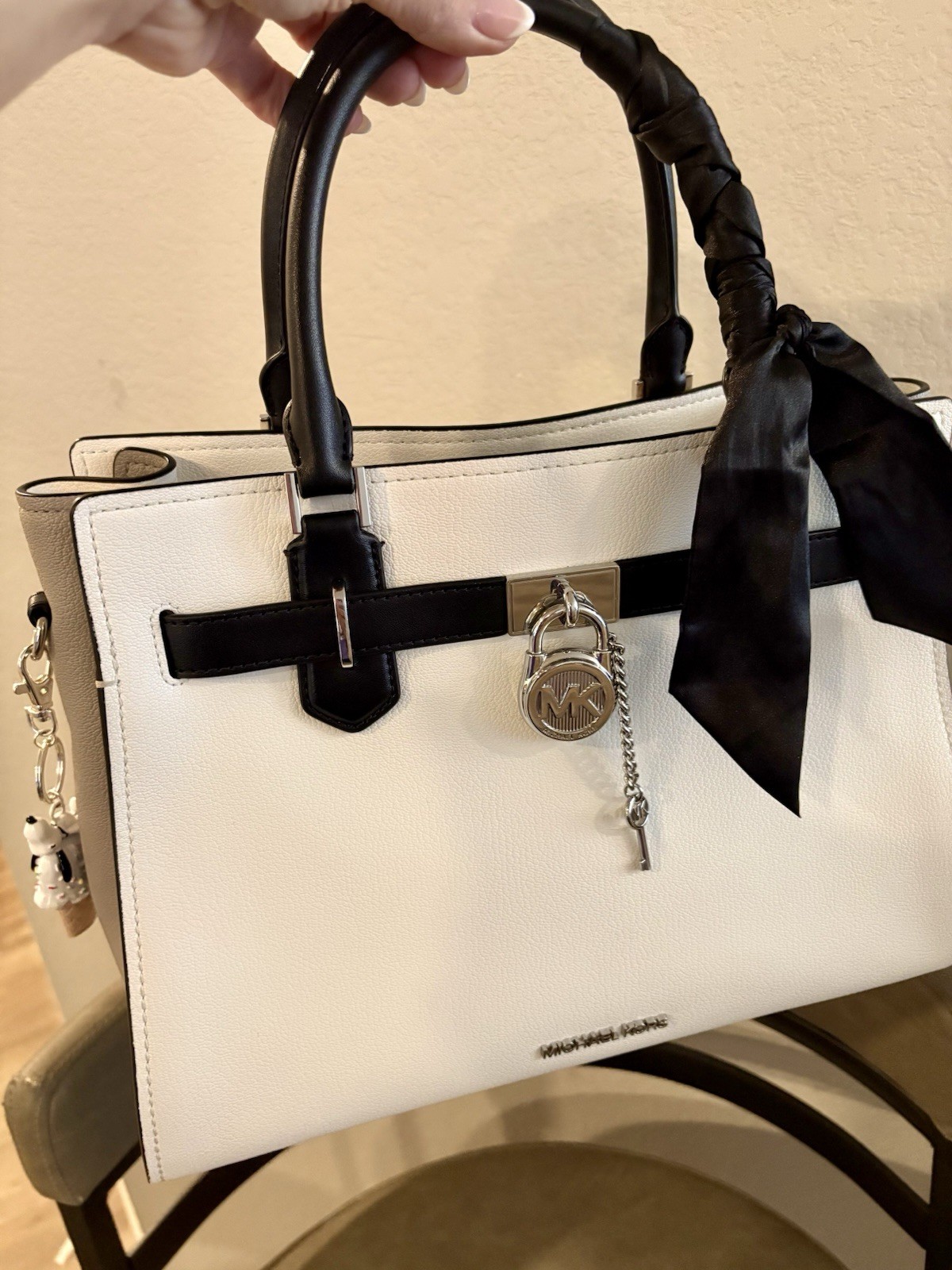 Michael Kors Large White & Black Pebbled Satchel Top Handle Silver Lock Charm