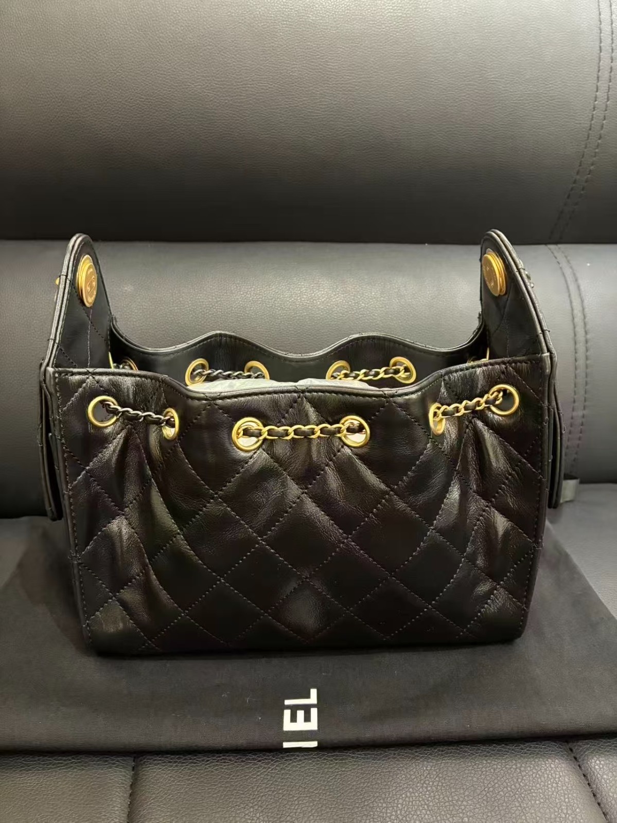 Chanel 25 Bag Mini Black Gold Shiny Crinkled Calfskin Bag Base 20cm