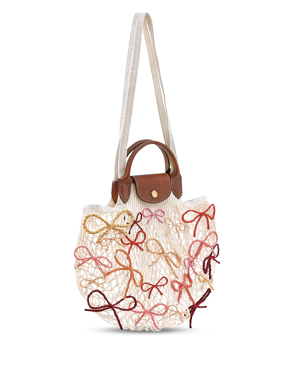 Longchamp Le Pliage Filet Raffia Bow Knit Mesh Handel Bag Shopper ~NWT~
