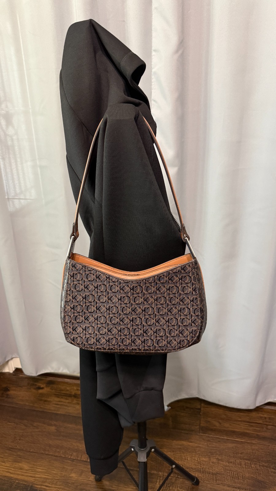 Calvin Klein CK Monogram Brown Shoulder Bag Hobo Purse Silver Hardware