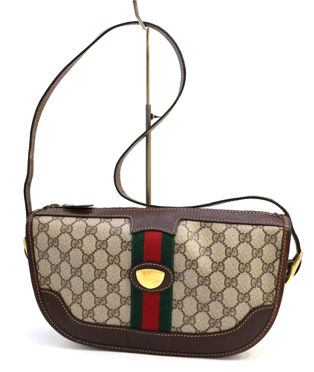 GUCCI VINTAGE GG Supreme Shoulder Bag Web Stripe Logo Brown Rare Authentic