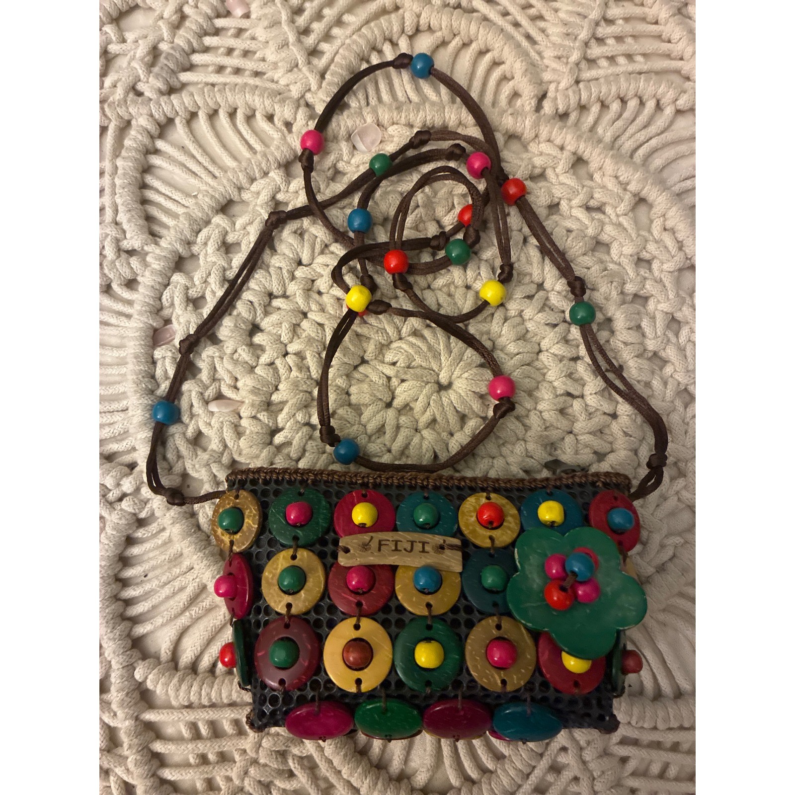 Fiji Souvenir Beaded Crossbody Bag Multi Color Coconut Shell Boho Small Purse