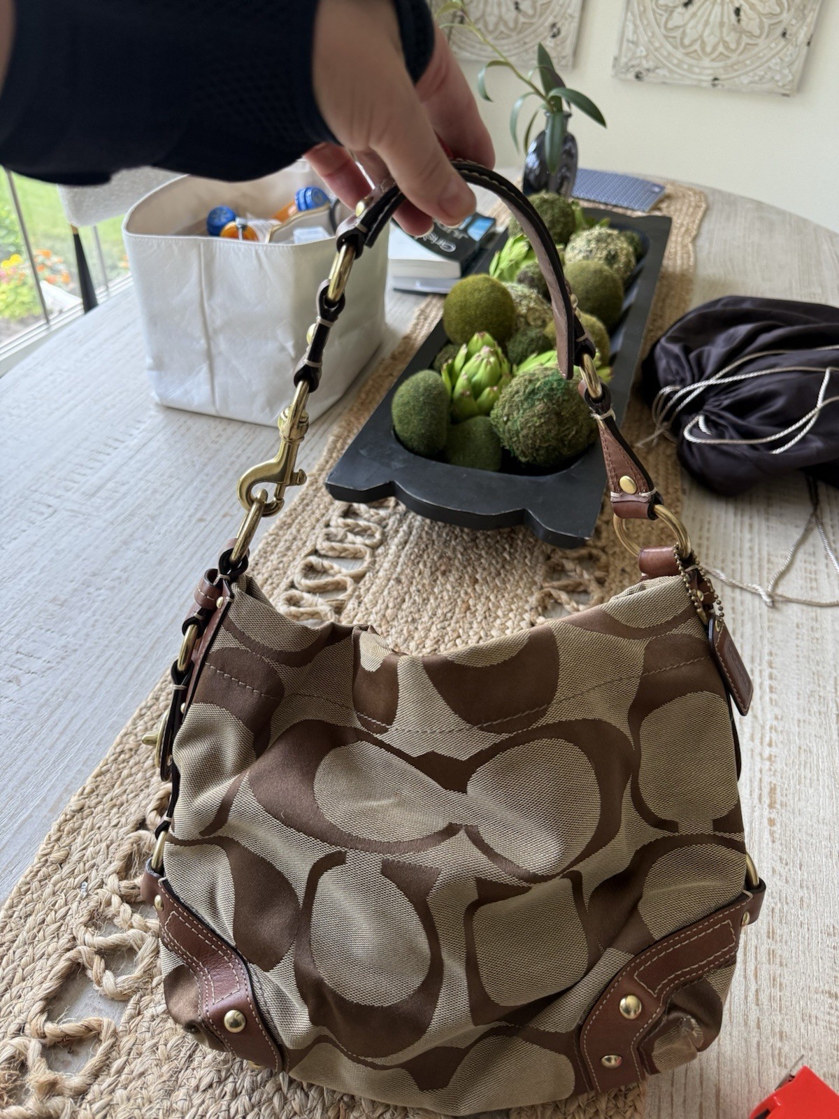 Coach Signature Monogram Beige/Brown Medium Crescent Hobo + Dust Bag!