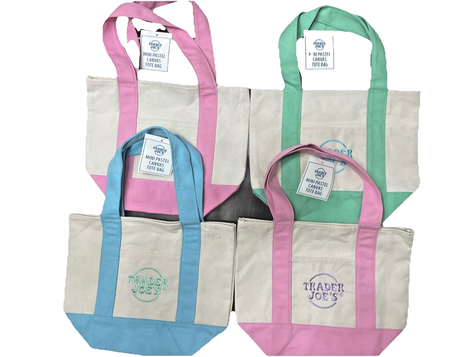 Trader Joe’s Mini Pastel Canvas Tote Bag Pink Blue Green Set of 4