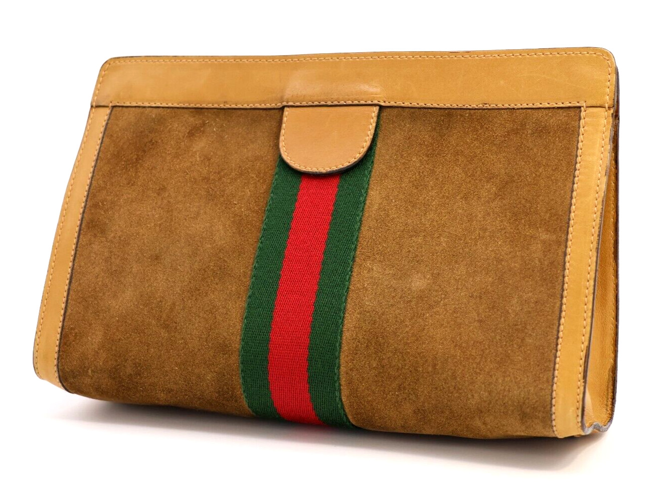 GUCCI VINTAGE Web Stripe Clutch Bag Suede Leather Camel Classic Authentic