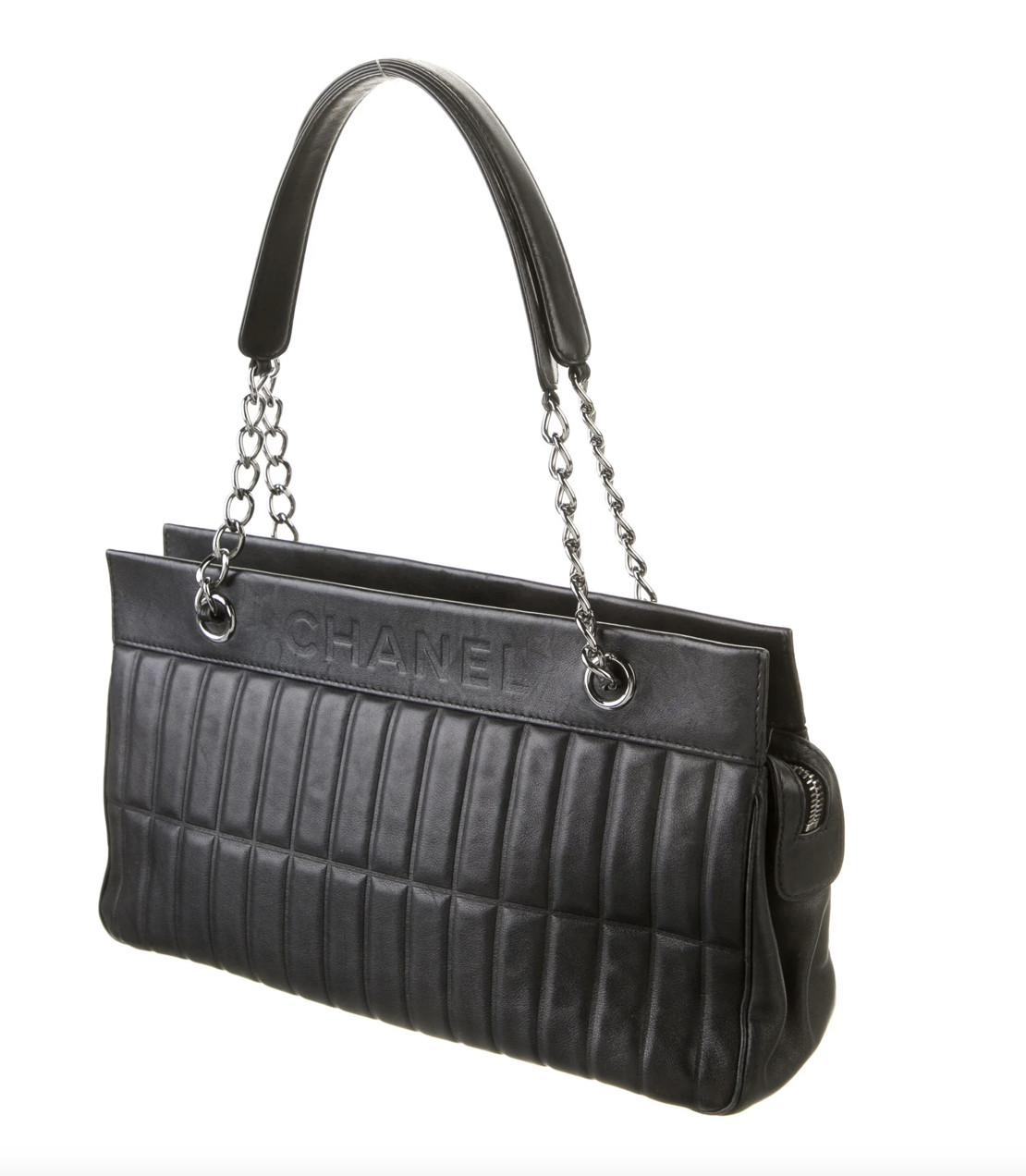 Auth CHANEL BLACK leather LAX VERTICAL QUILTED Chain Clutch Shoulder Bag