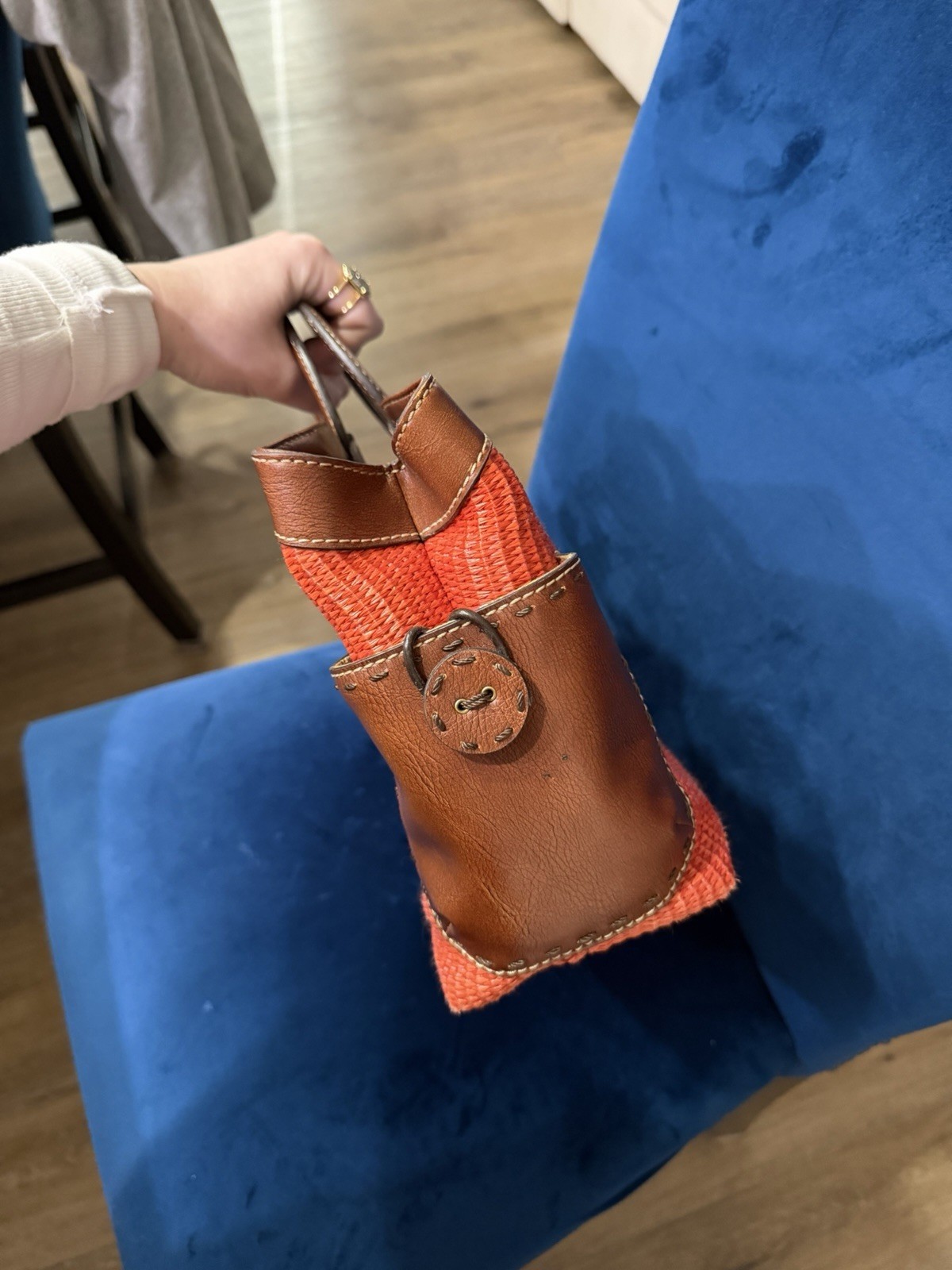Fossil Orange/Brown Satchel Top Handle Striped Lining Inner Pockets Stitch