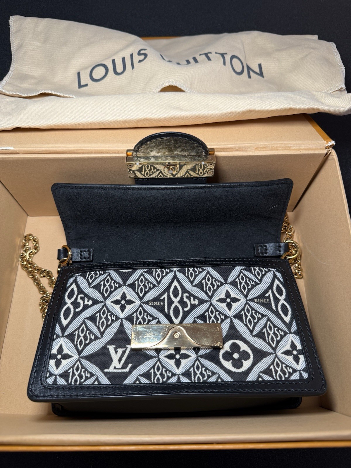 Louis Vuitton Black Blue Jacquard Since 1854 Dauphine Chain Wallet w/ Dust Bag