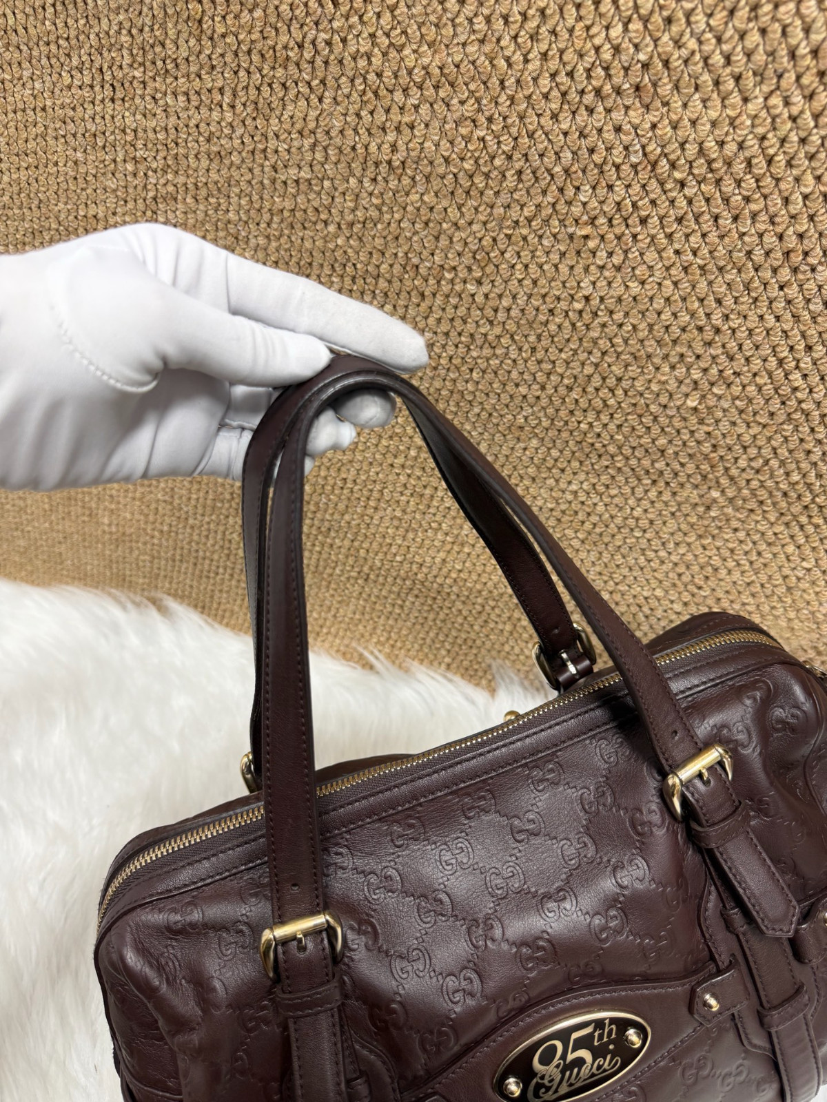 Authentic Gucci 85th Anniversary Boston Bag Embossed Leather Boston Bag Dark