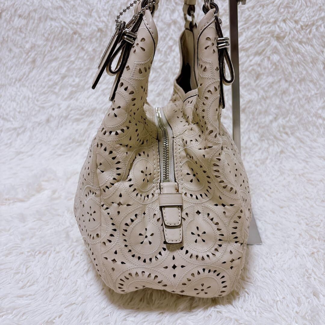 COACH Madison Maggie Perforated Leather Shoulder Bag Beige F19625 Tote 35cm
