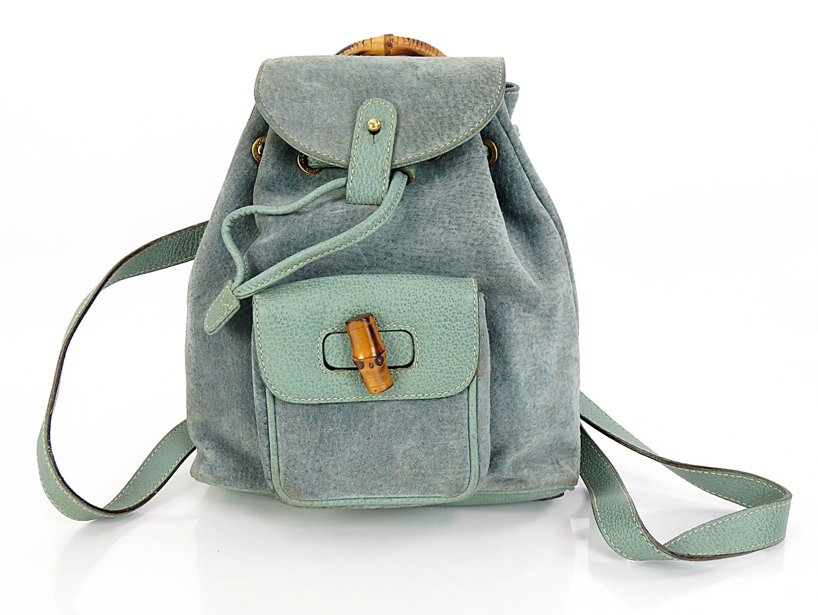 Authentic GUCCI Blue Suede Leather and Bamboo Handle Mini Backpack Bag #64557