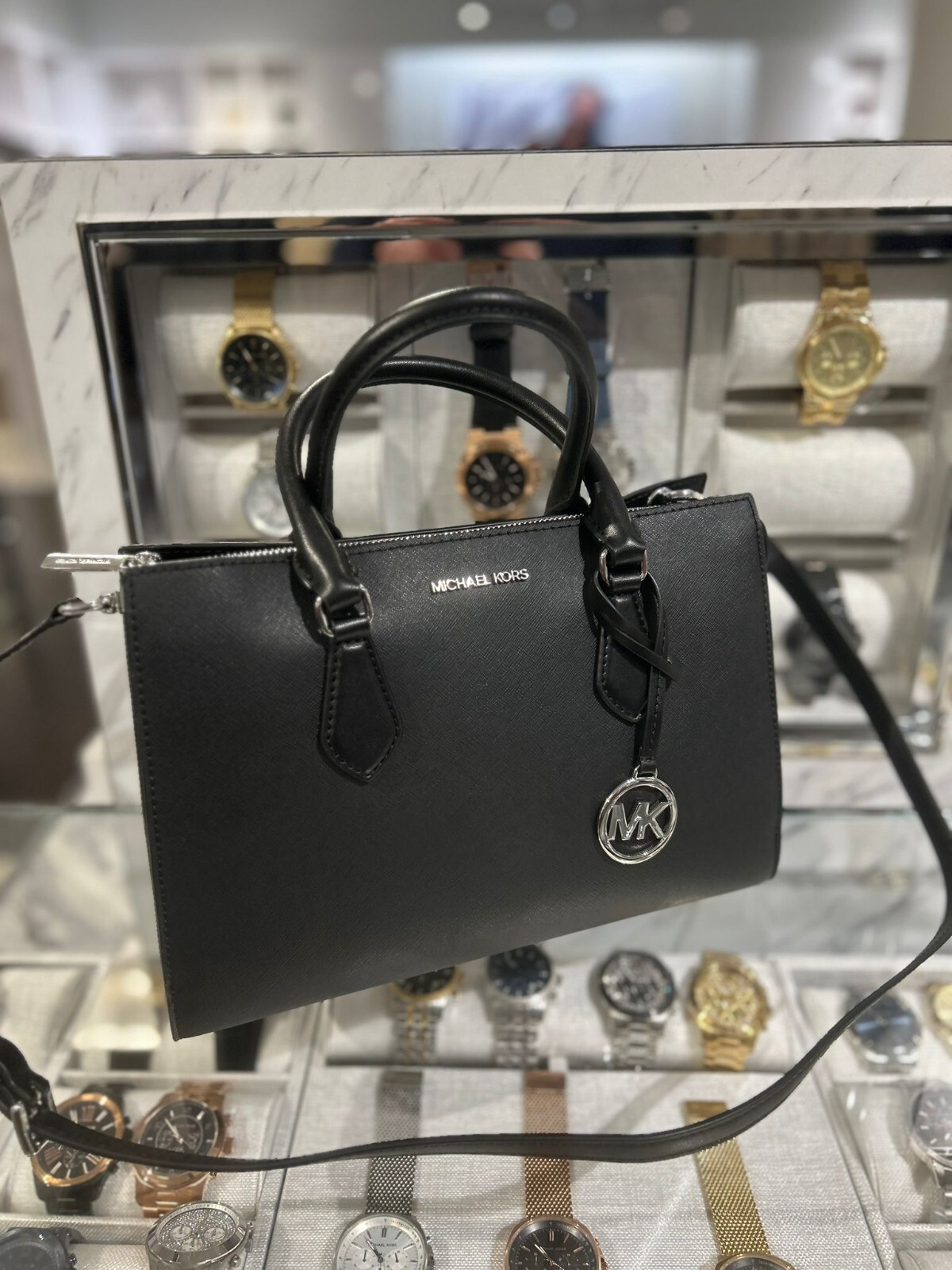 Michael Kors Sheila Silver-Toned Medium Center Zip Crossbody Satchel Bag (Black)