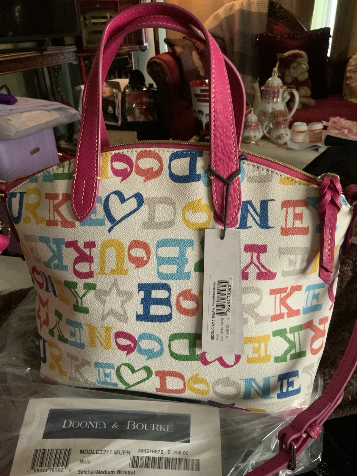 Dooney & Bourke Multicolor Logo Medium Satchel Zip Top Pink Trim + Wristlet