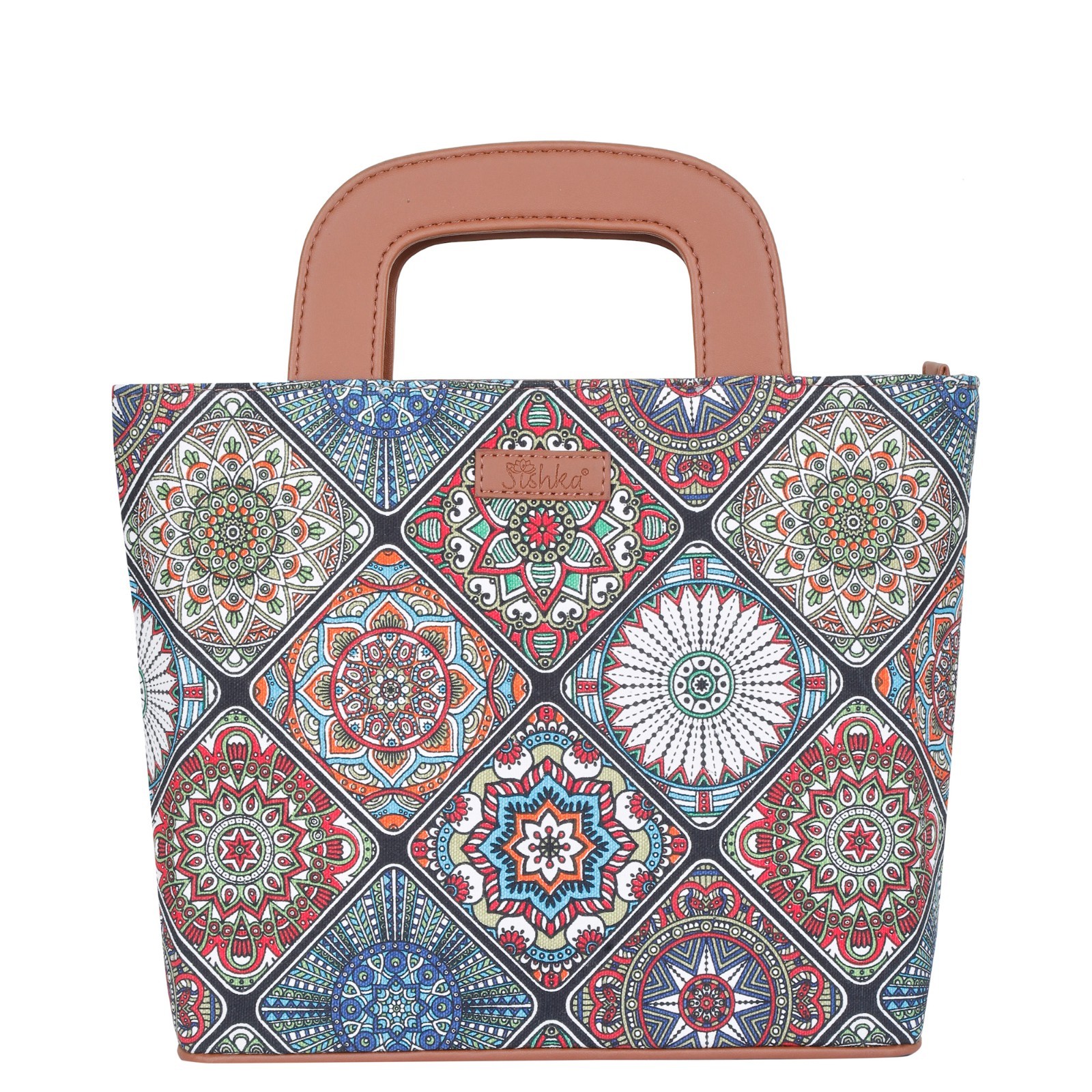 Hand Crafted Printed Top Handle Tote Hand Bags for Women with Leather Trim