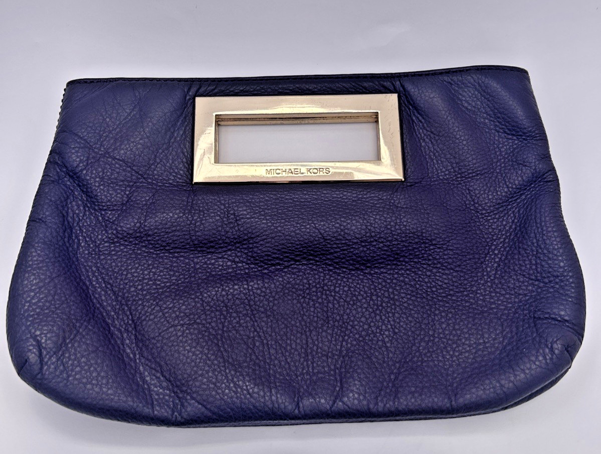 Michael Kors Leather Berkley Clutch Hand Bag Purse Purple with Gold Hardware