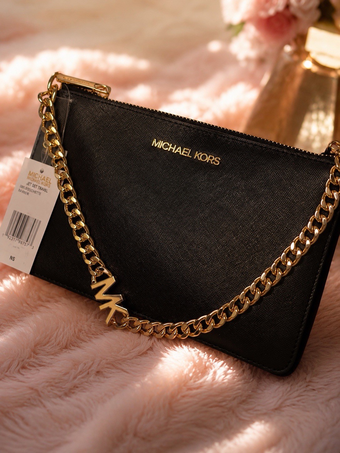 Michael Kors Black Zip Clutch Wristlet w/ Gold Tone Chain Strap, Logo