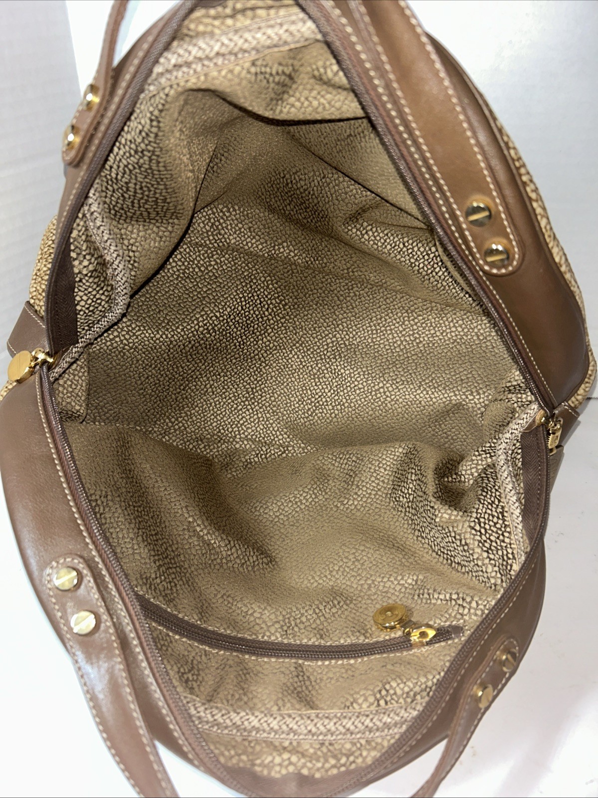 Borbonese Redwall Brown Tan Suede Leather Double Top Handle Bag Made In Italy