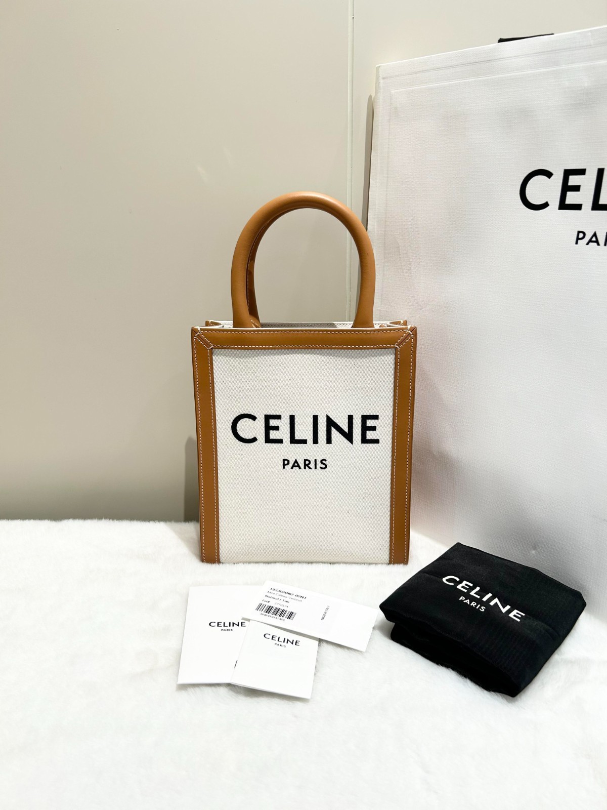 Celine Cabas Mini Score Bag in Caramel and Canvas