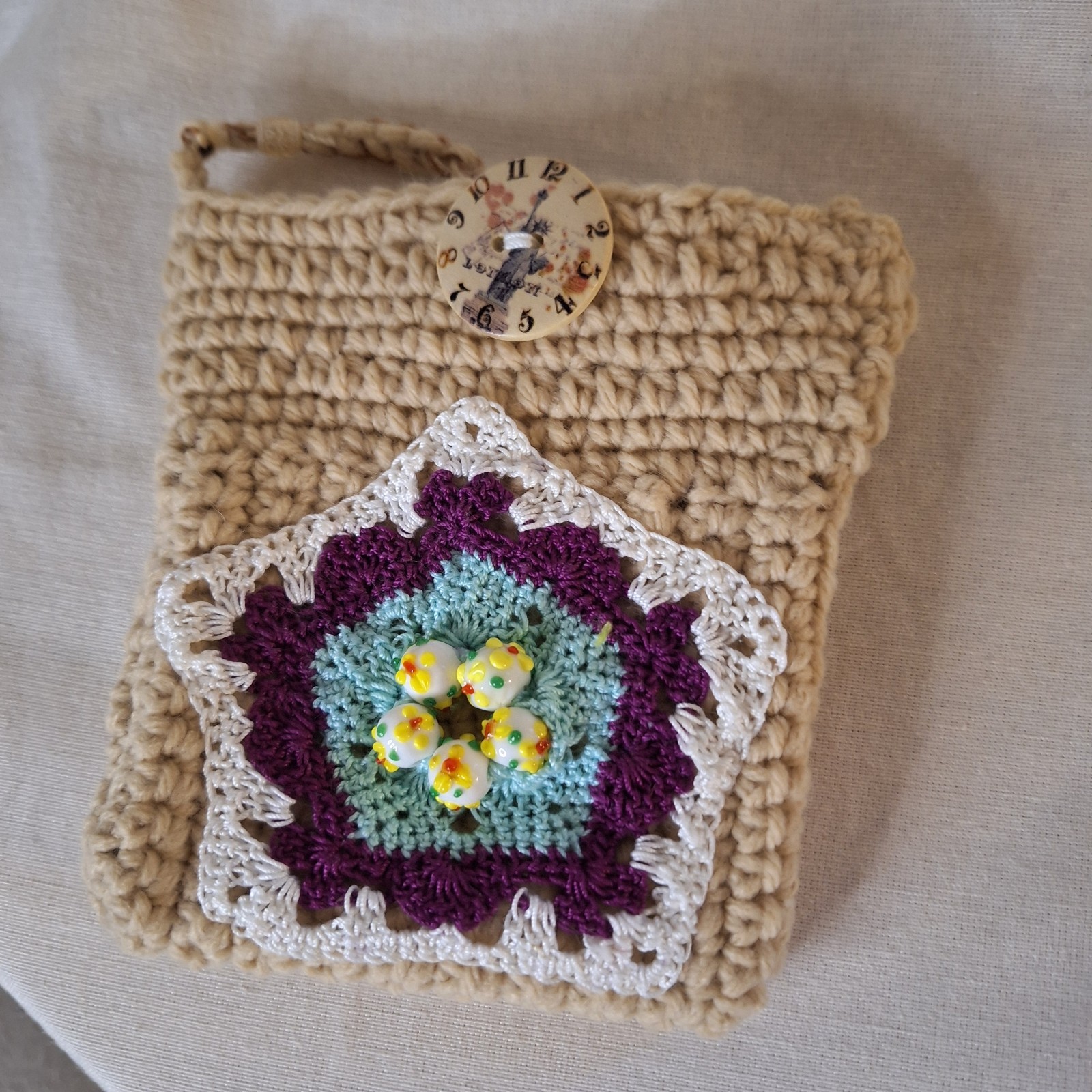 New handmade crochet mini pouch bag w. button closure. 5in X 4.5 in. Retro-Boho