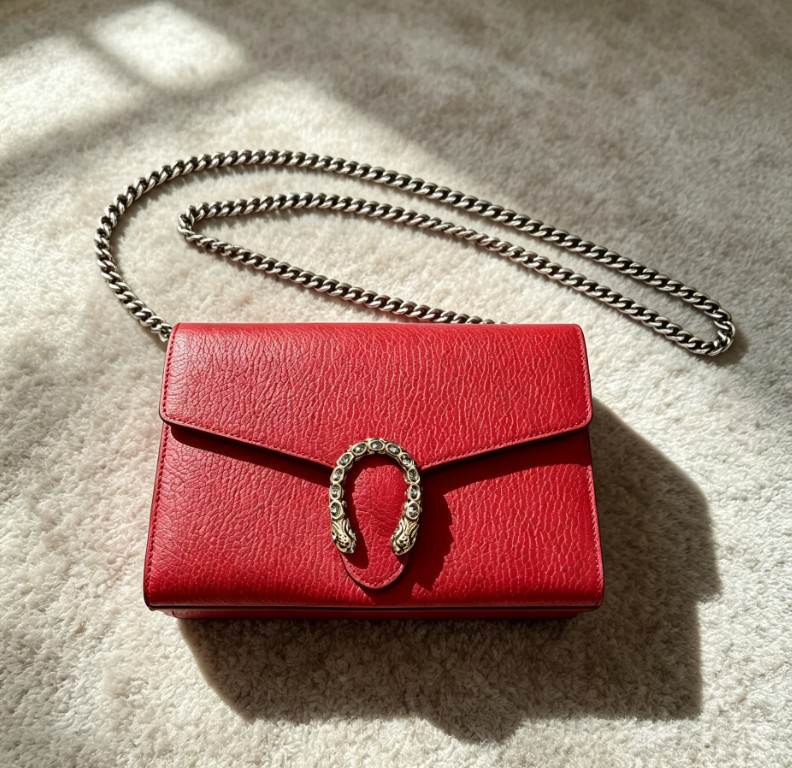 Gucci Dionysus Medium Red Pebbled Leather Crystal Snake Chain Shoulder Strap
