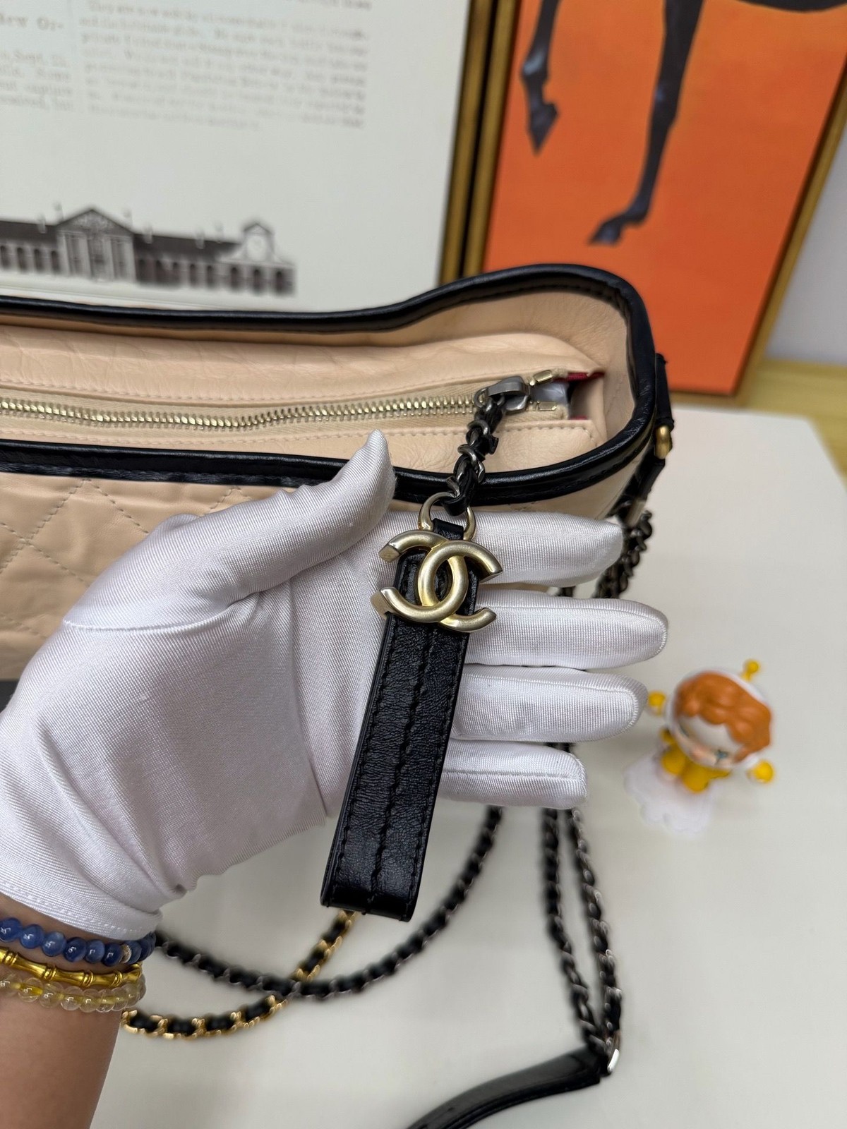 Chanel Gabrielle Medium Beige Black Calfskin Mixed Hardware Hobo Crossbody Bag