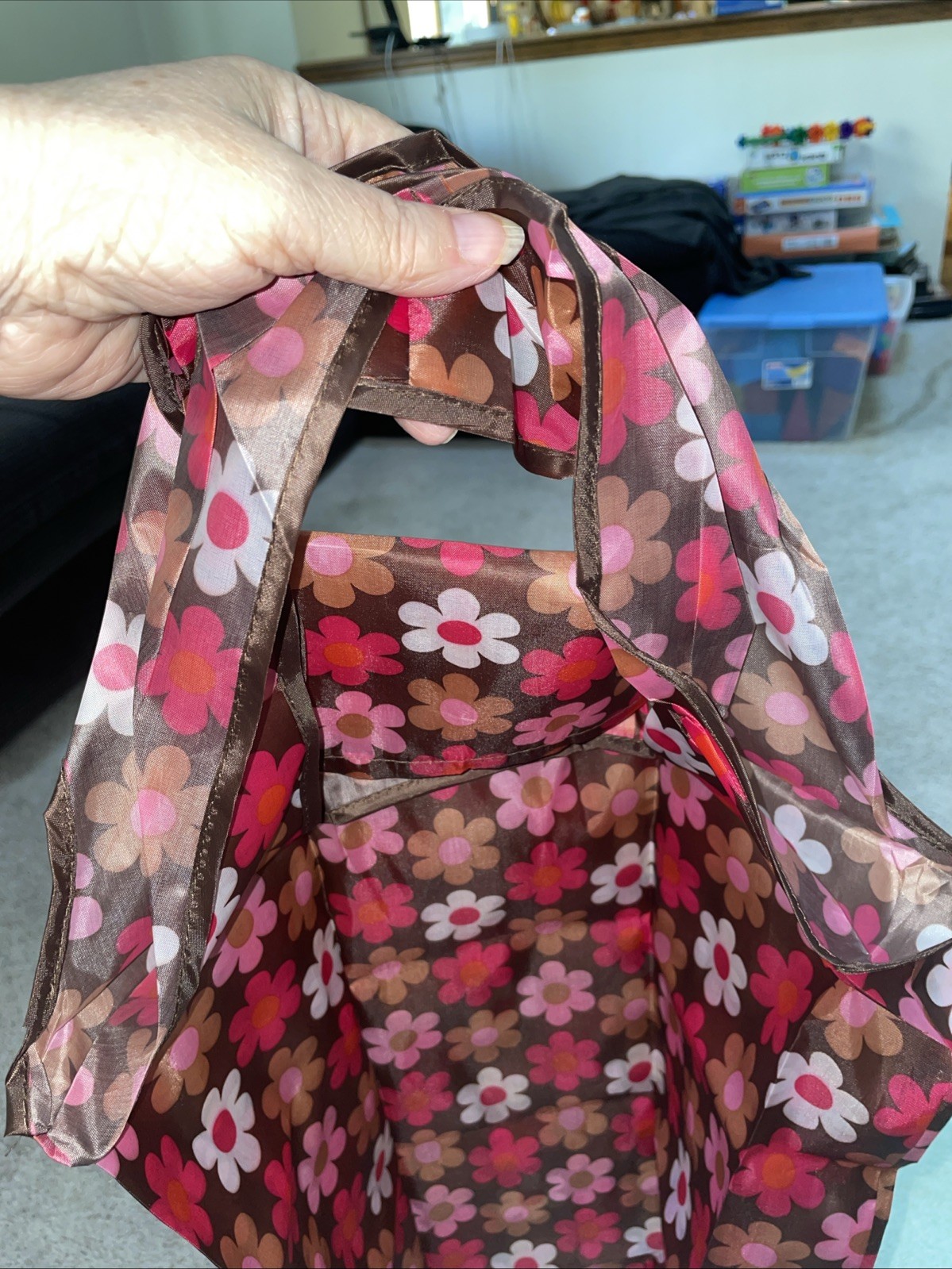 Floral Print Reusable Nylon Tote Foldable Packable Bag 17 In X 15 In New No Tag