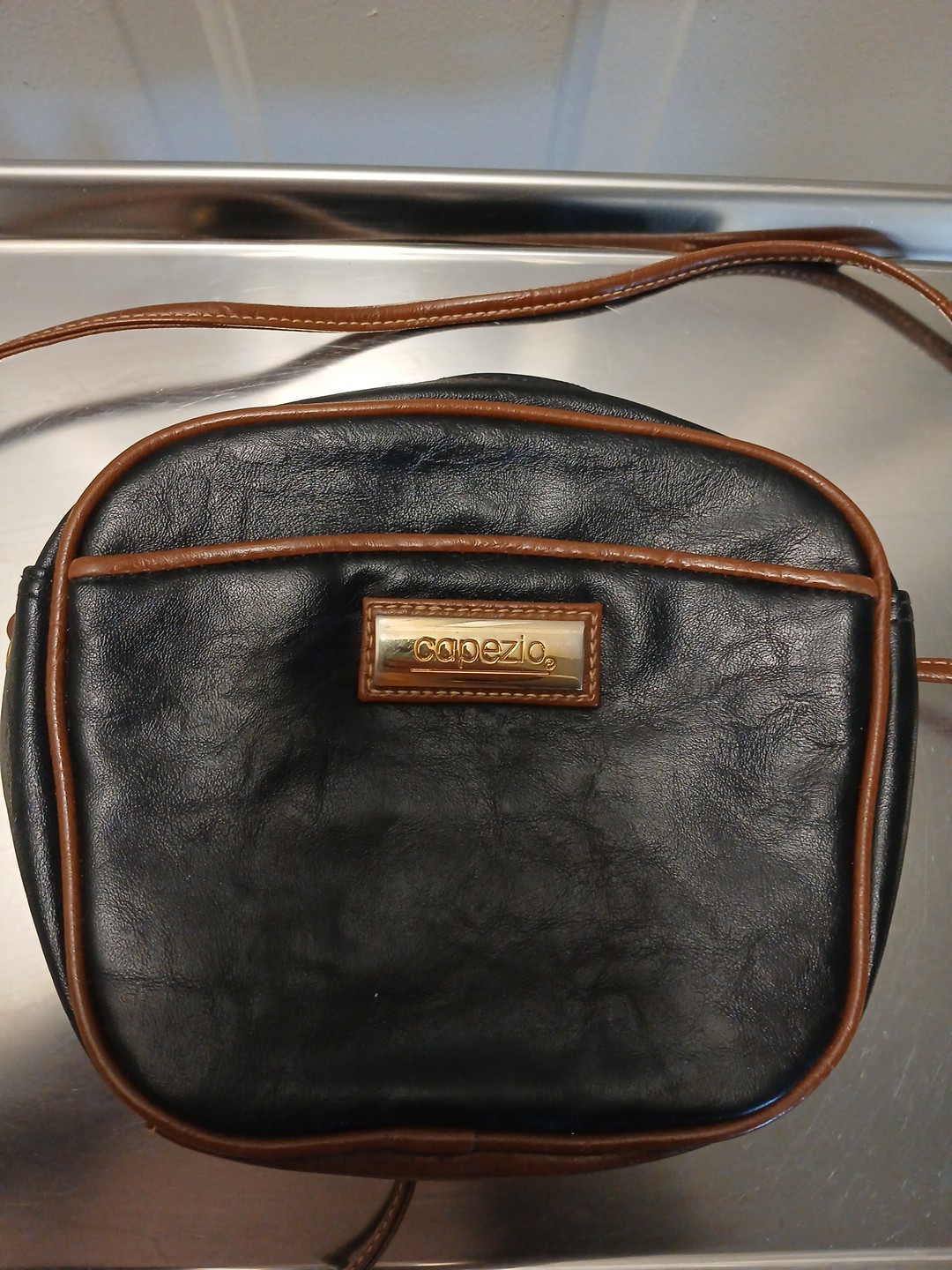 Vintage Capezio Faux Leather Crossbody Shoulder Bag Purse Black With Brown Trim