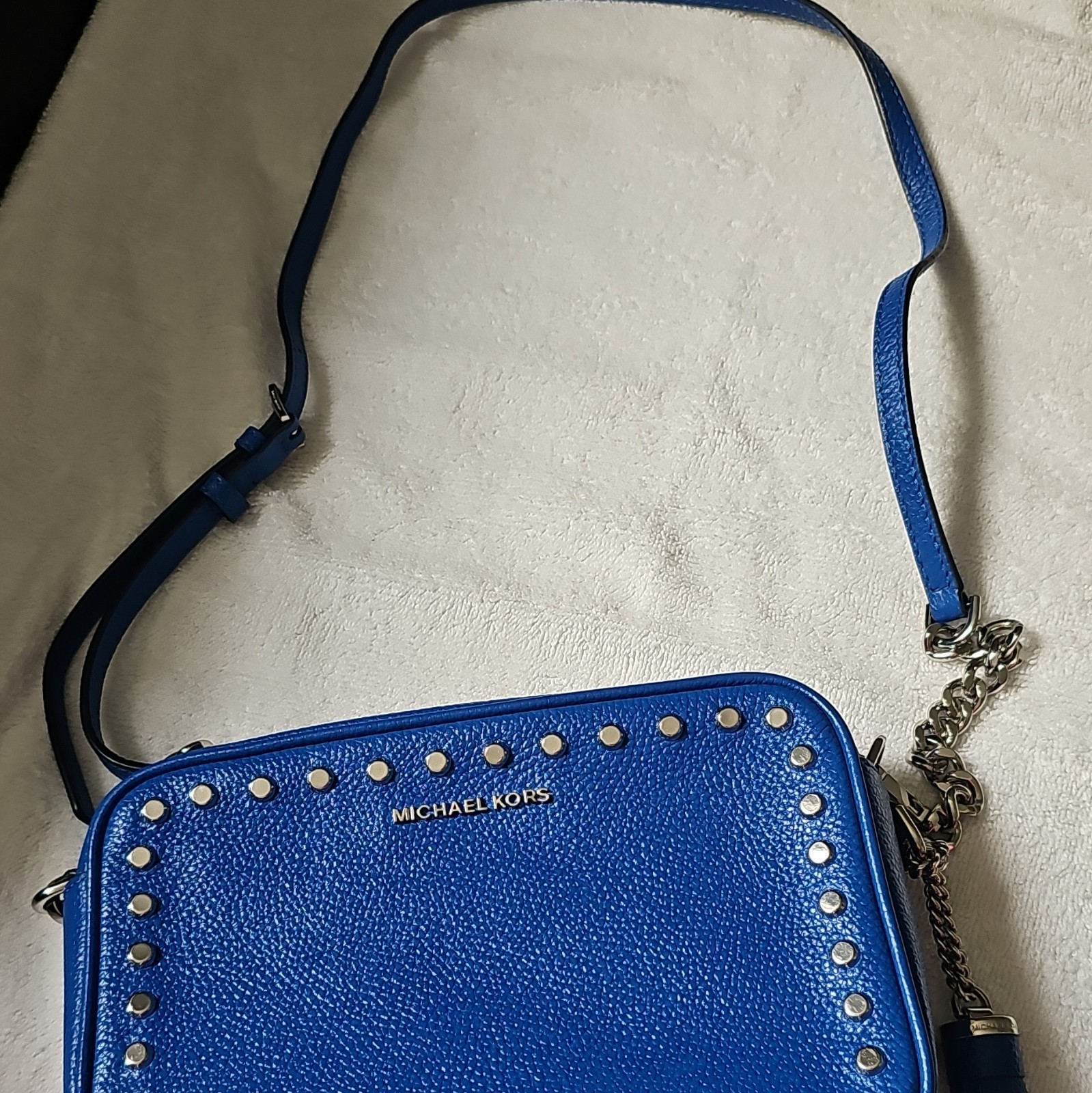 Michael Kors Blue Pebbled Studded Crossbody Bag Charm Chain Tassel Silver
