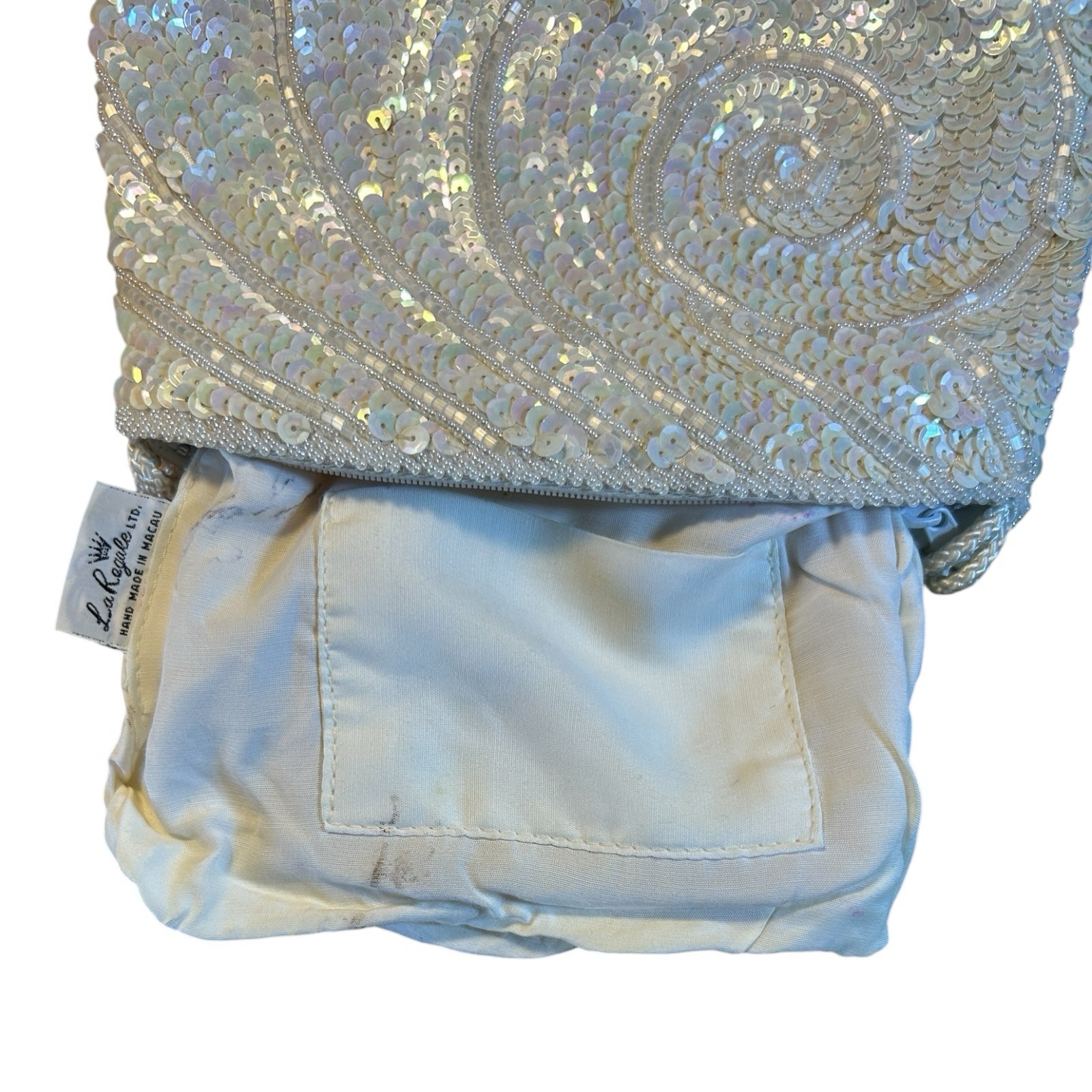 La Regale Iridescent Sequin Beaded Evening Bag Crossbody White