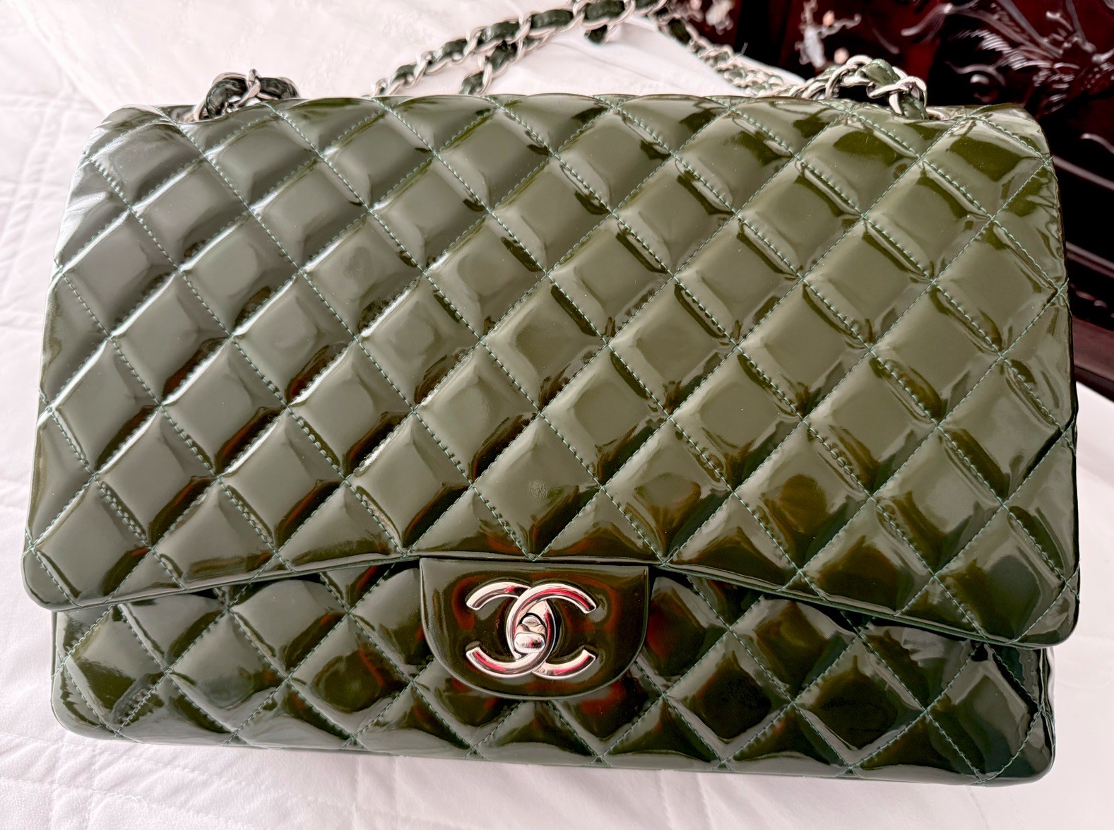 Chanel Classic Double Maxi olive Green Quilted Patent Flap Bag