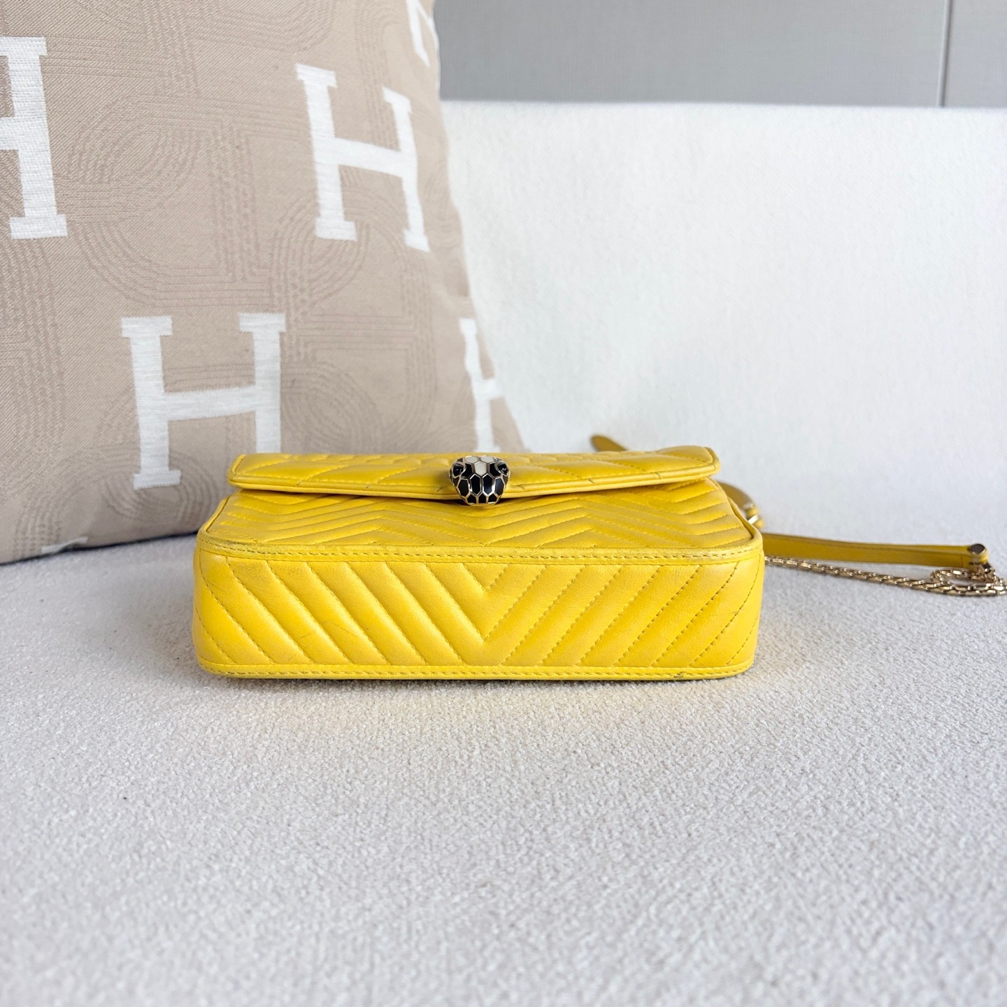 Bvlgari Serpenti Forever Double Layer Crossbody Yellow Calfskin Snake Head Bag