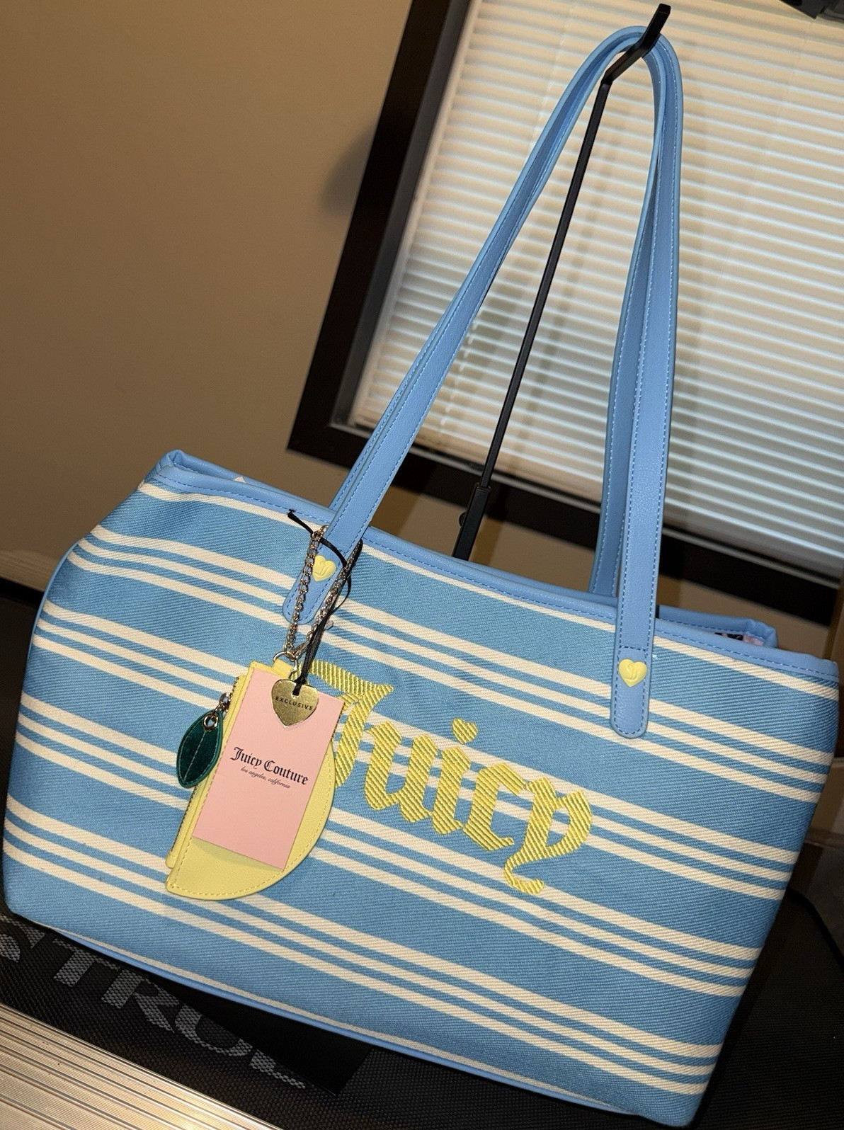Juicy Couture Blue/White Striped Tote Medium Zip Heart Charm Inner Pockets