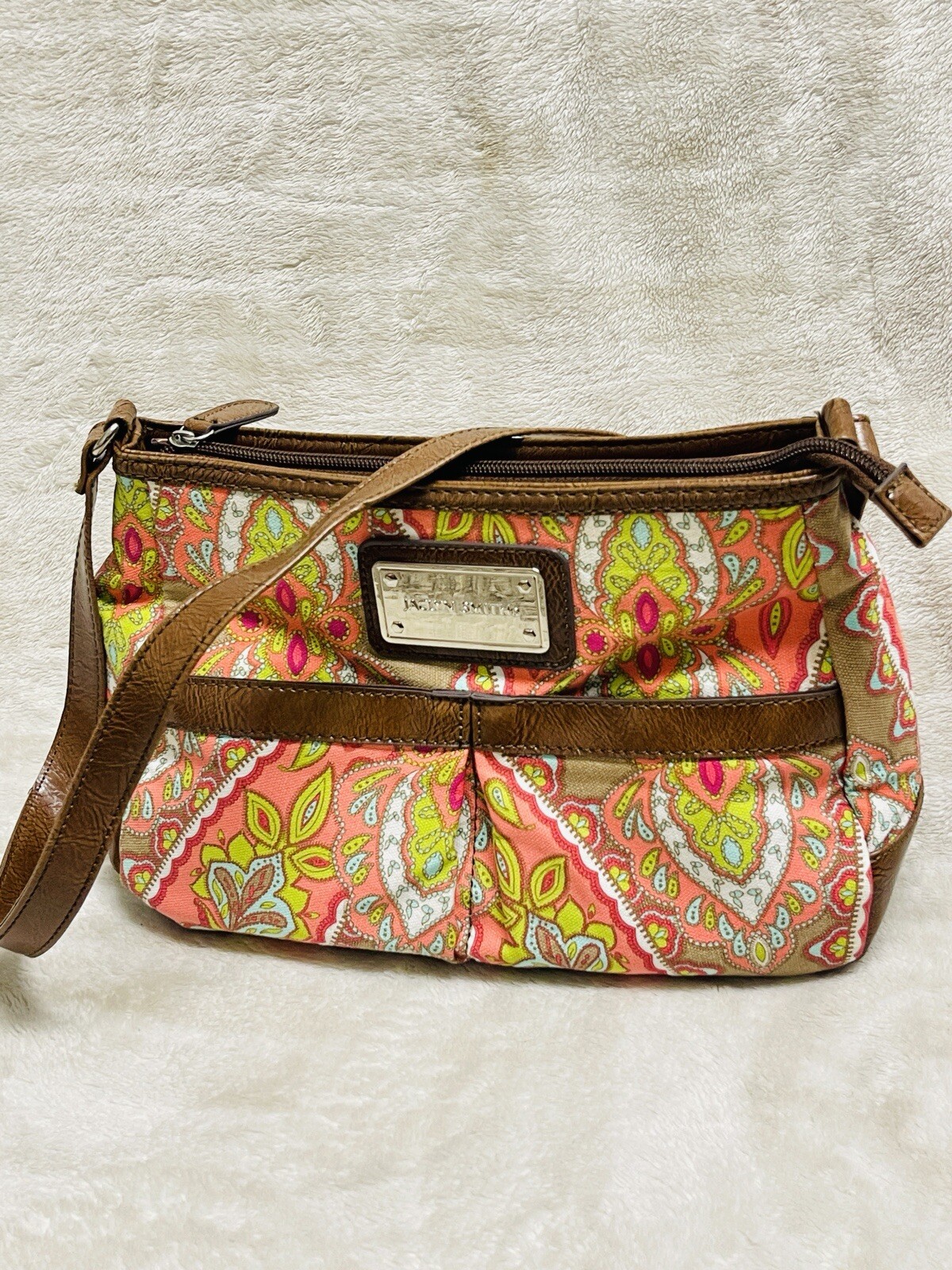 Jaclyn Smith Satchel Shoulder Bag Handbag Purse Faux Leather Trim Floral Canvas