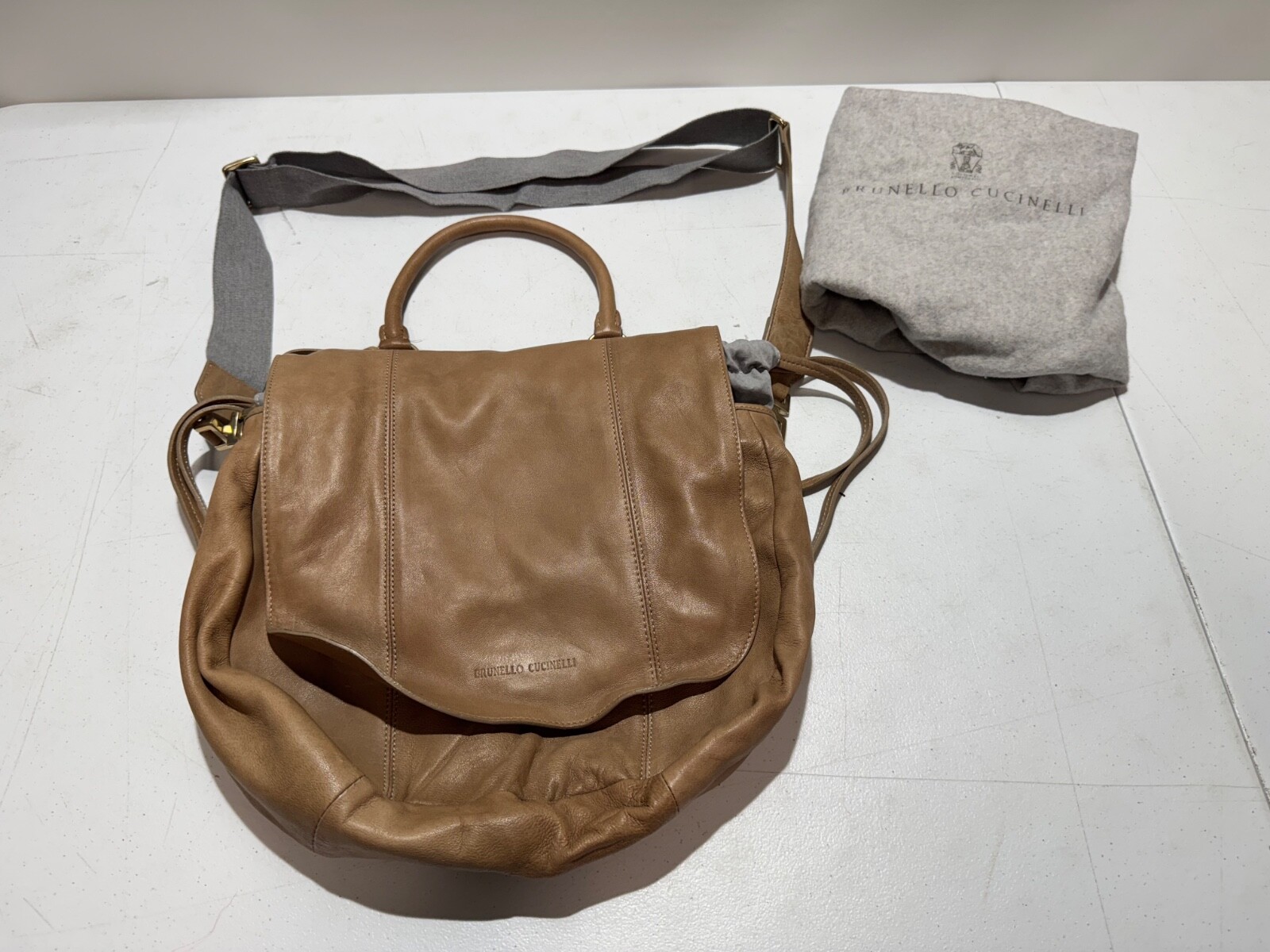 BRUNELLO CUCINELLI GENUINE LEATHER BROWN TAN CROSSBODY SHOULDER PURSE BAG TOTE