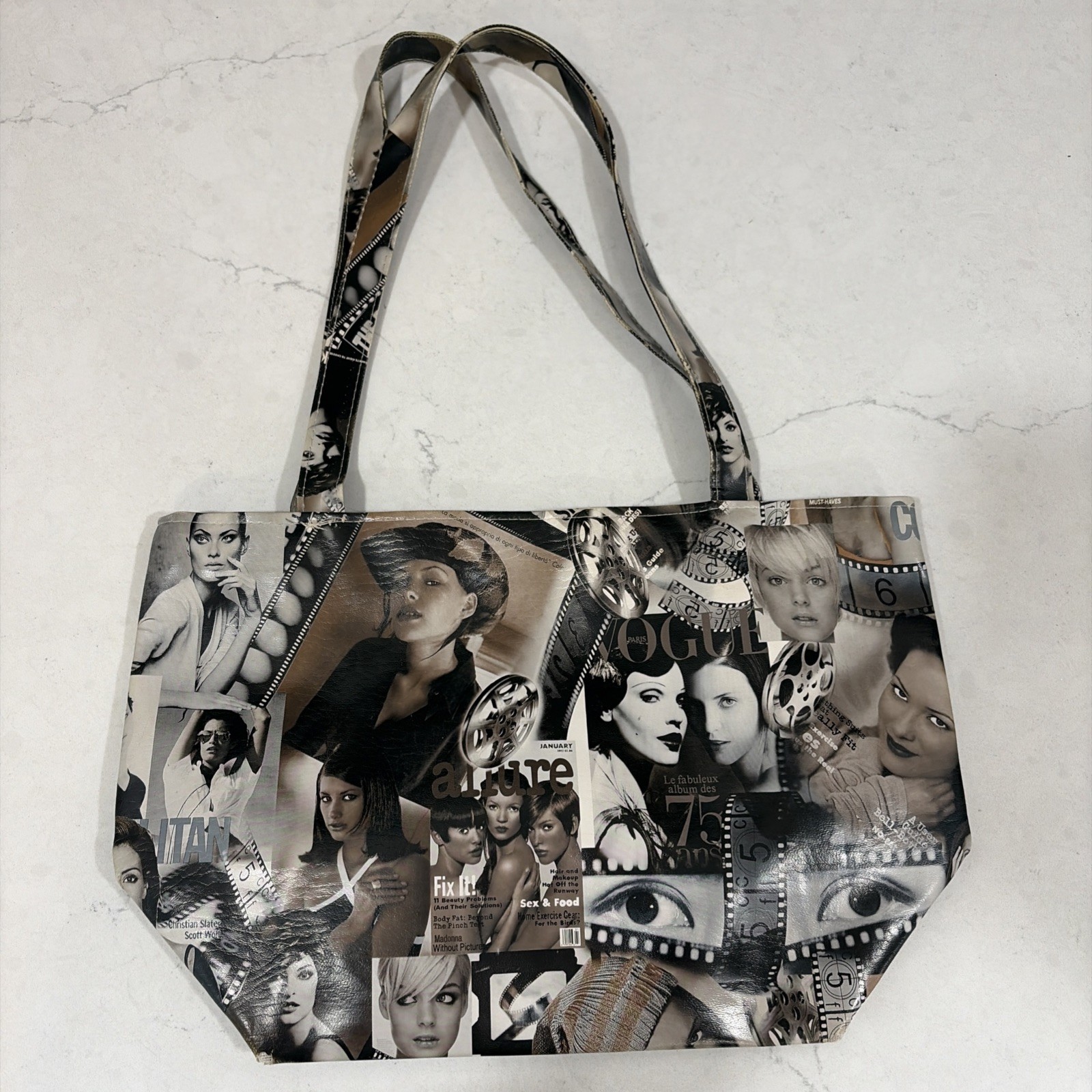 Vintage Newspaper Collage Pattern Handbag Tote