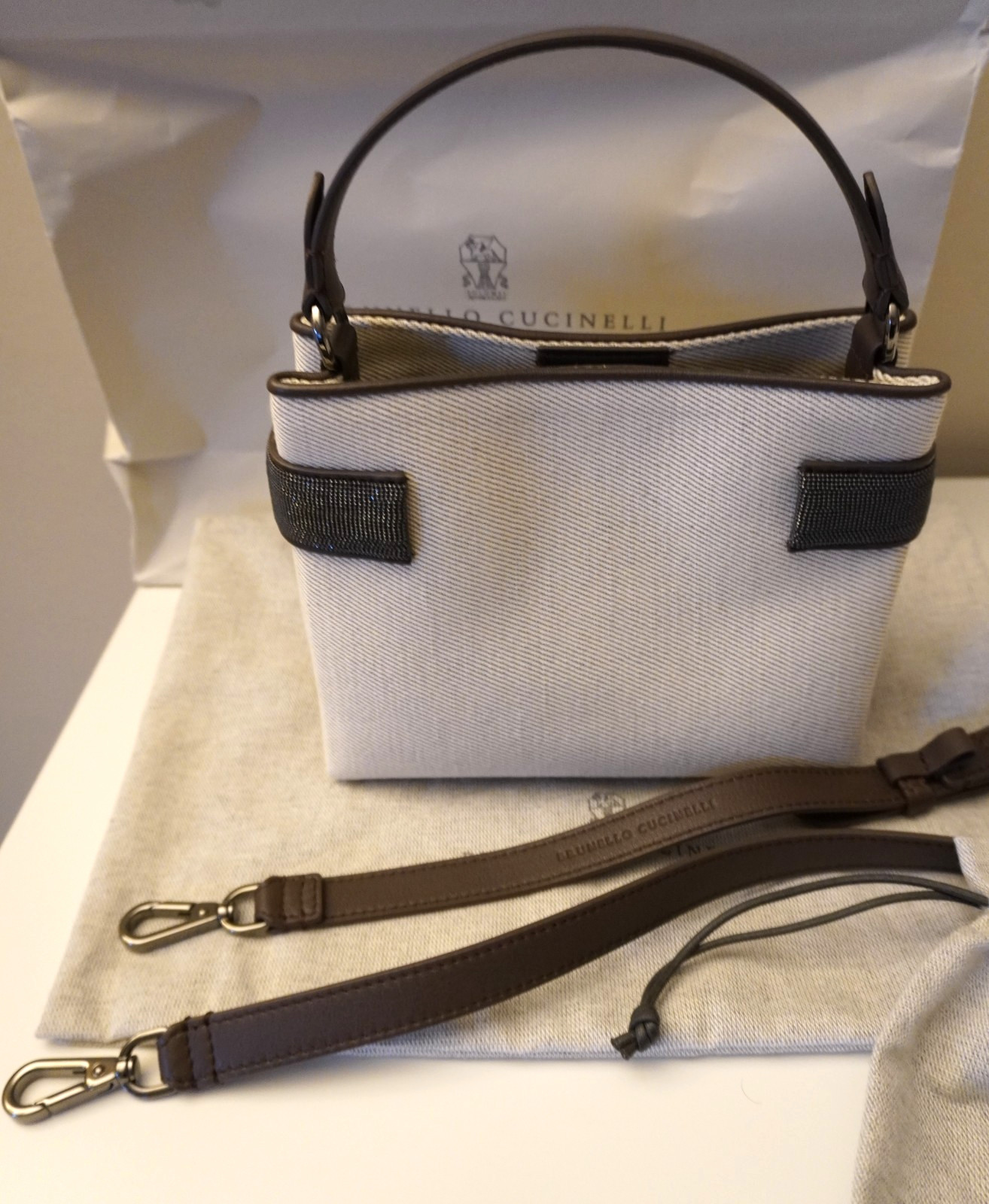 Brunello Cucinelli Essence Bag Canvas Natural Top Handle Monili Crossbody New