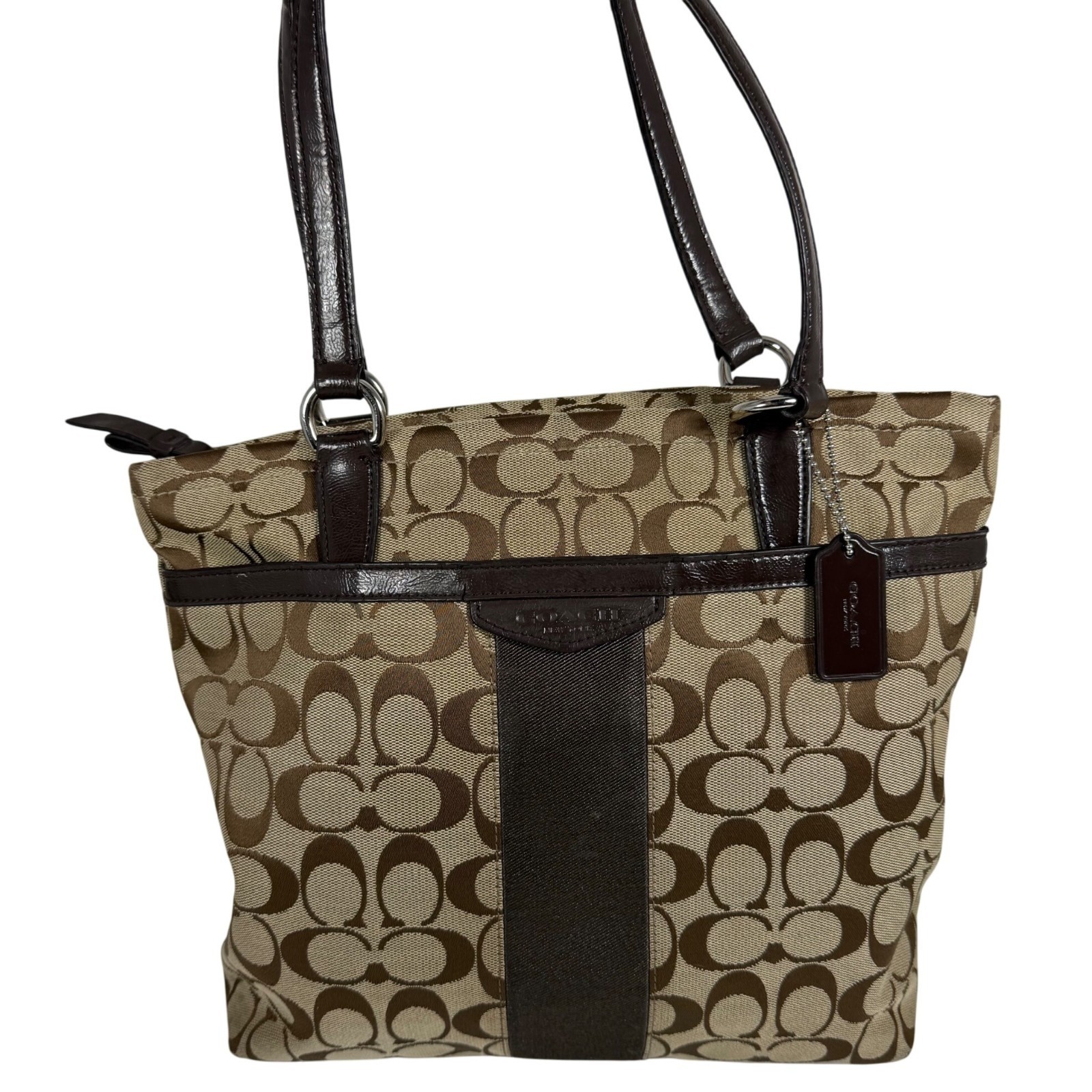 Coach F28504 Brown Tan Signature Stripe Shoulder Tote Bag Purse Classic Logo