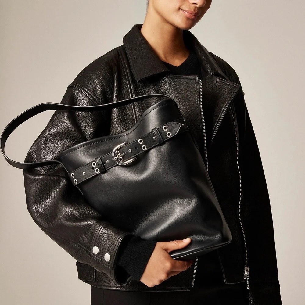 NWT Large J. CREW Black Leather Belted Berkeley Bucket Bag w/Silver Studs JCrew